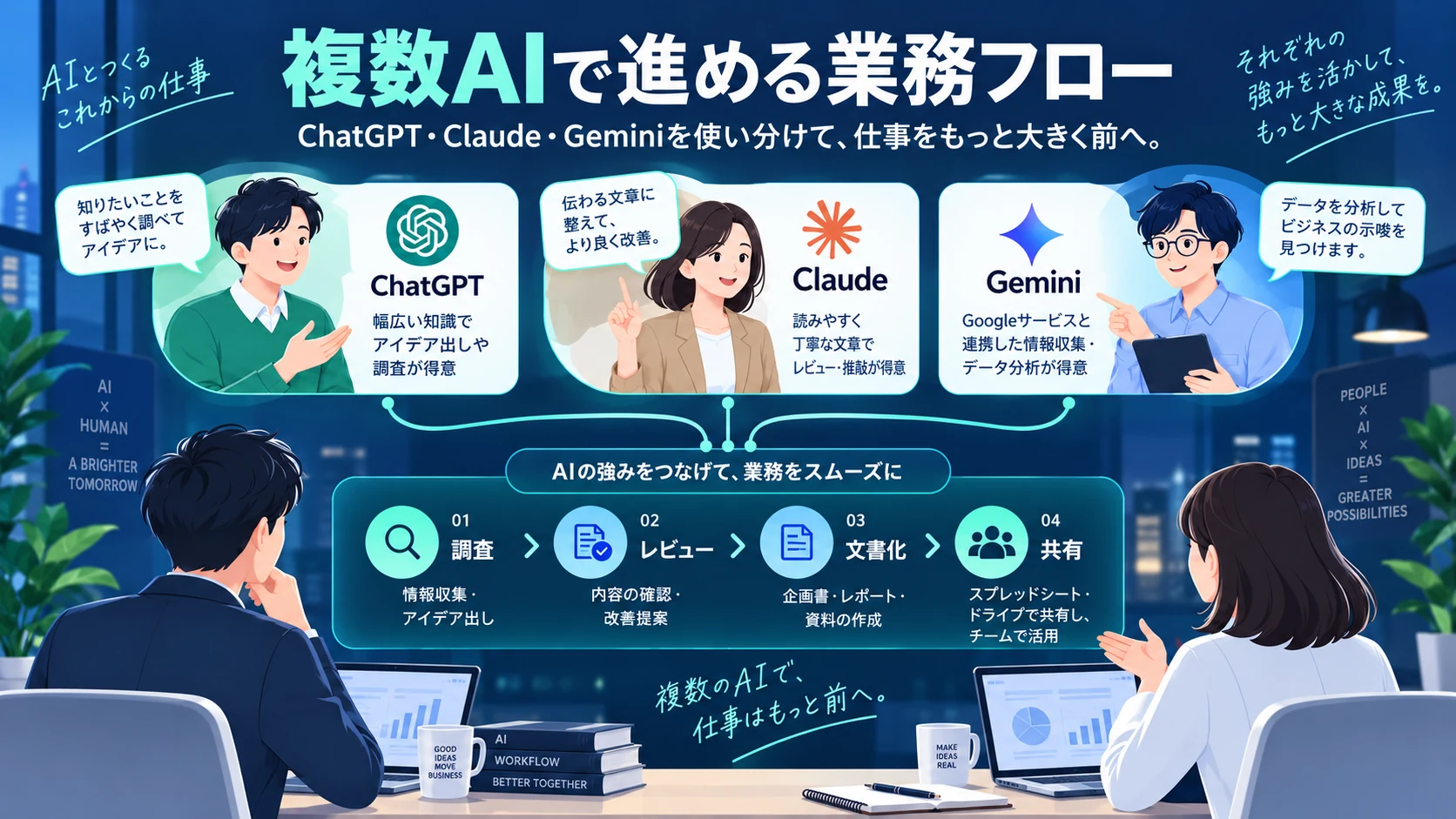 ChatGPT・Claude・Geminiを業務ごとに使い分けるイメージ